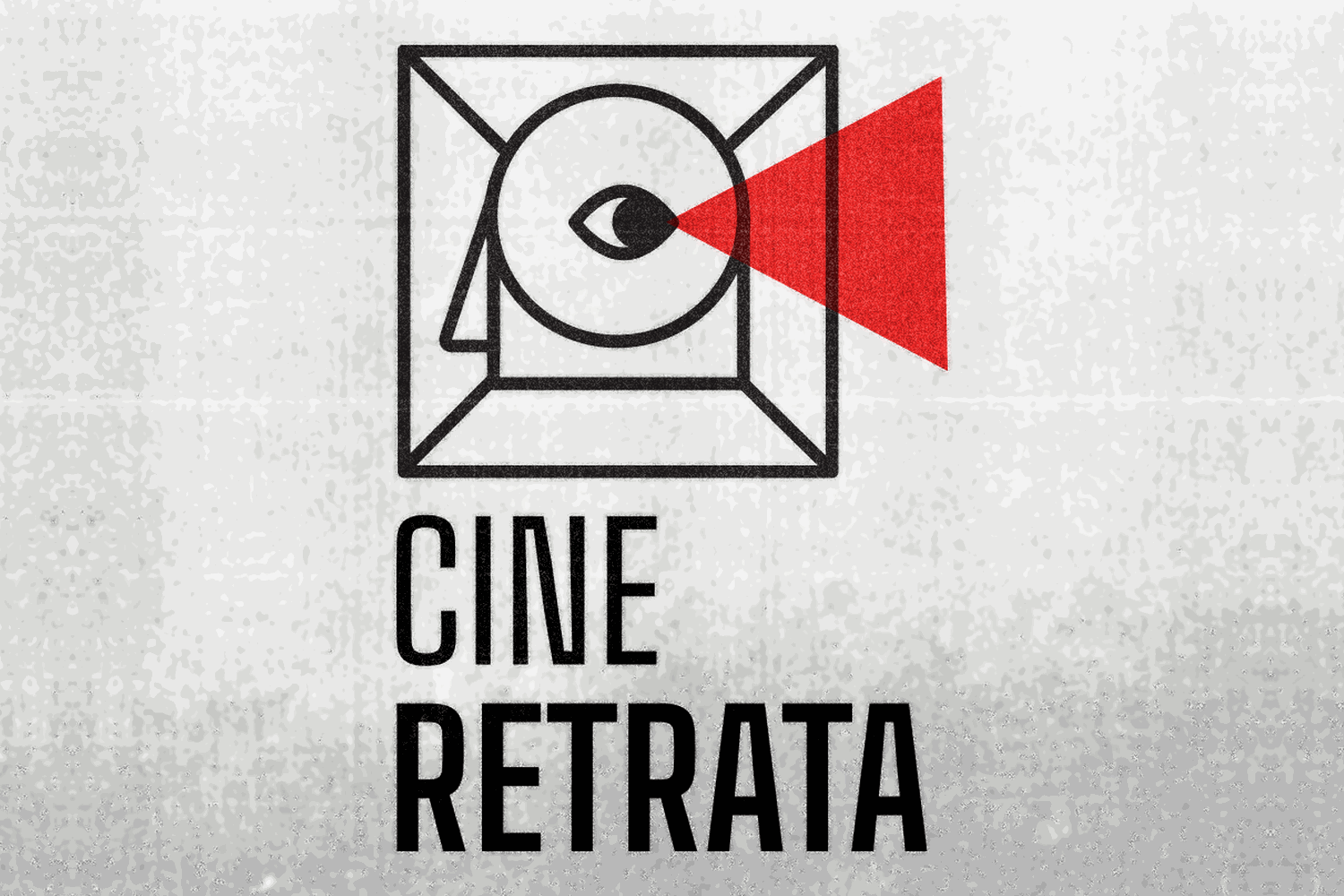 Marca do Cine Retrata: sobre fundo de textura cinza, um quadro de filme desenhado a traço preto com um olho no centro e um facho vermelho de projeção saindo dele, e o nome embaixo em letras pretas.