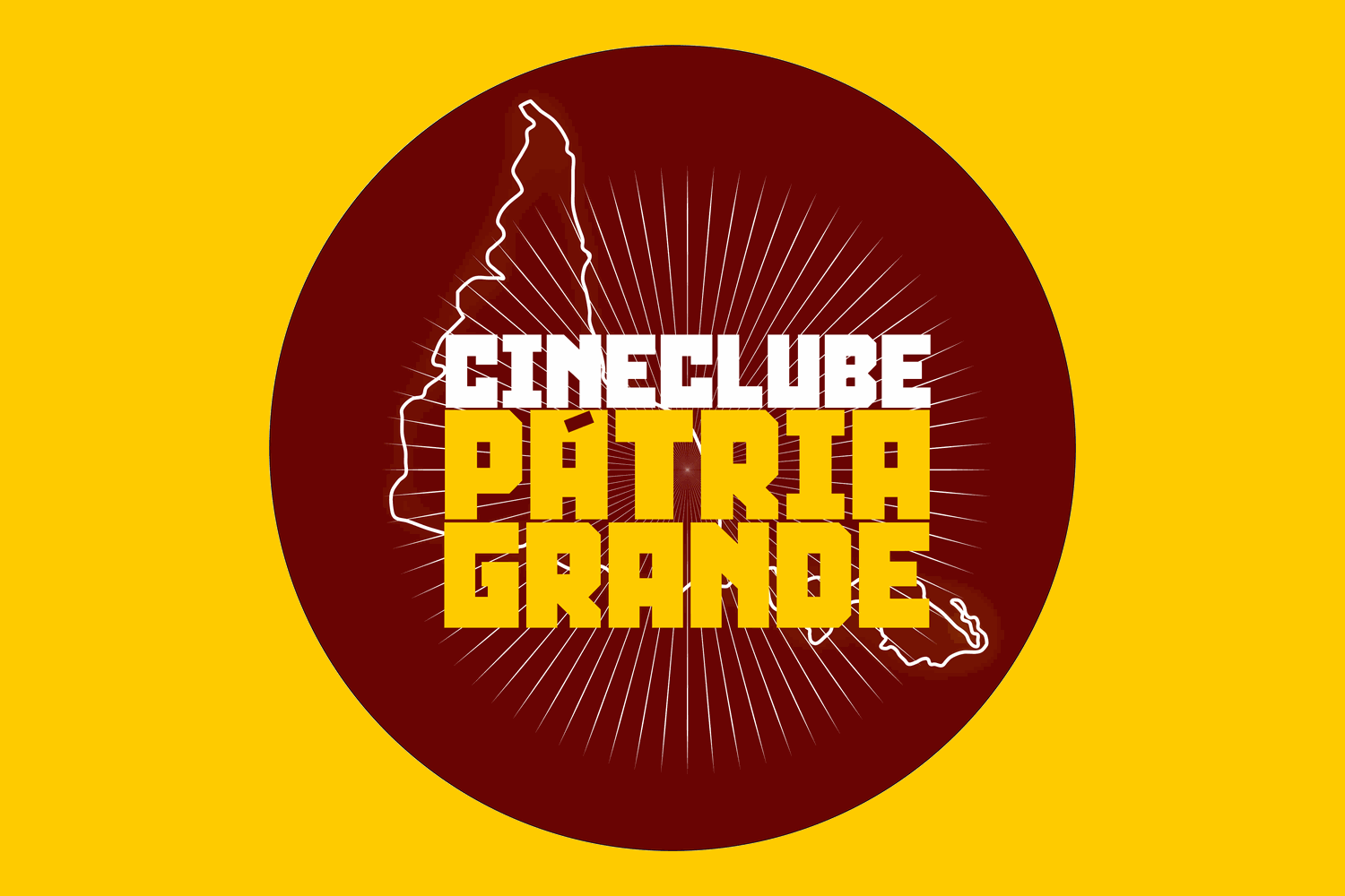 Marca do Cineclube Pátria Grande: disco vermelho com o contorno da América do Sul e o nome em branco e amarelo.